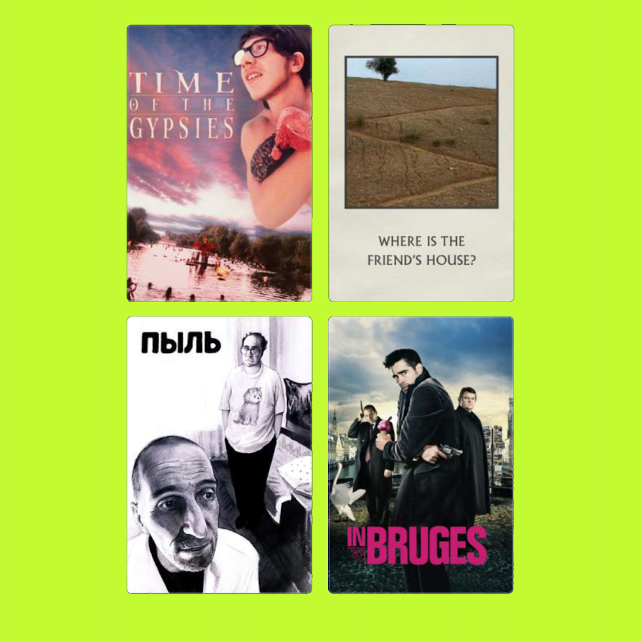 A collage of four images: top-left is a magazine cover titled "Time of the Gypsies" featuring a young man with glasses and a pink stuffed animal; top-right is a photograph of a barren field with a single tree and the text "Where is the friend's house