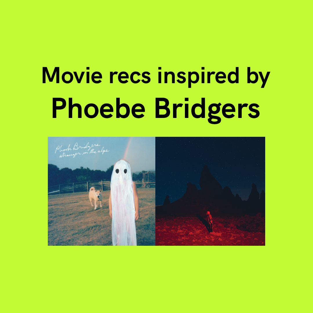 Title card for a movie inspired by Phoebe Bridgers, featuring two images: one of a girl with a ghostly face mask and a dog outdoors, the other of a person walking in a red-lit, mountainous landscape at night.