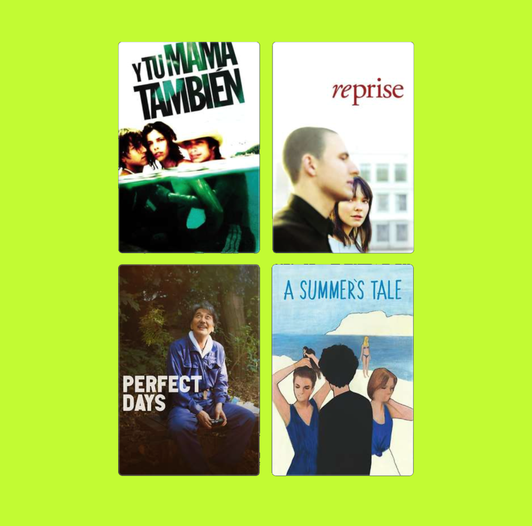 A collection of four book covers arranged in a 2x2 grid on a bright green background. The top left cover features three children and the title "Y Tu MAMA También". The top right cover shows a profile of a man and a woman with the title "reprise". The