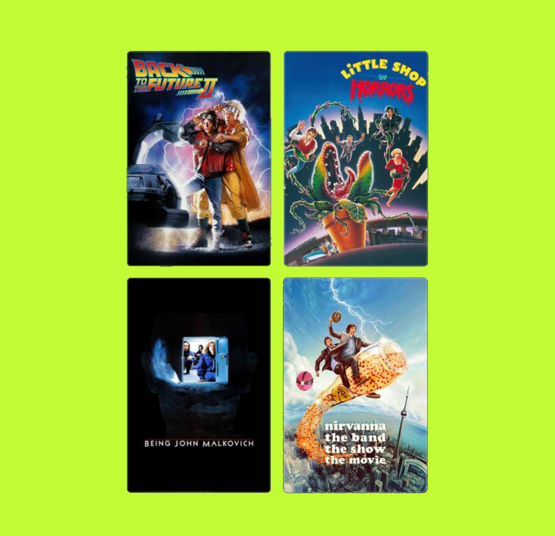 Four movie posters arranged in a grid. Top left is "Back to the Future II" with characters Marty McFly and Doc Brown. Top right is "Little Shop of Horrors" with a plant and characters in front of a cityscape. Bottom left is "Being John Malkovich" wit