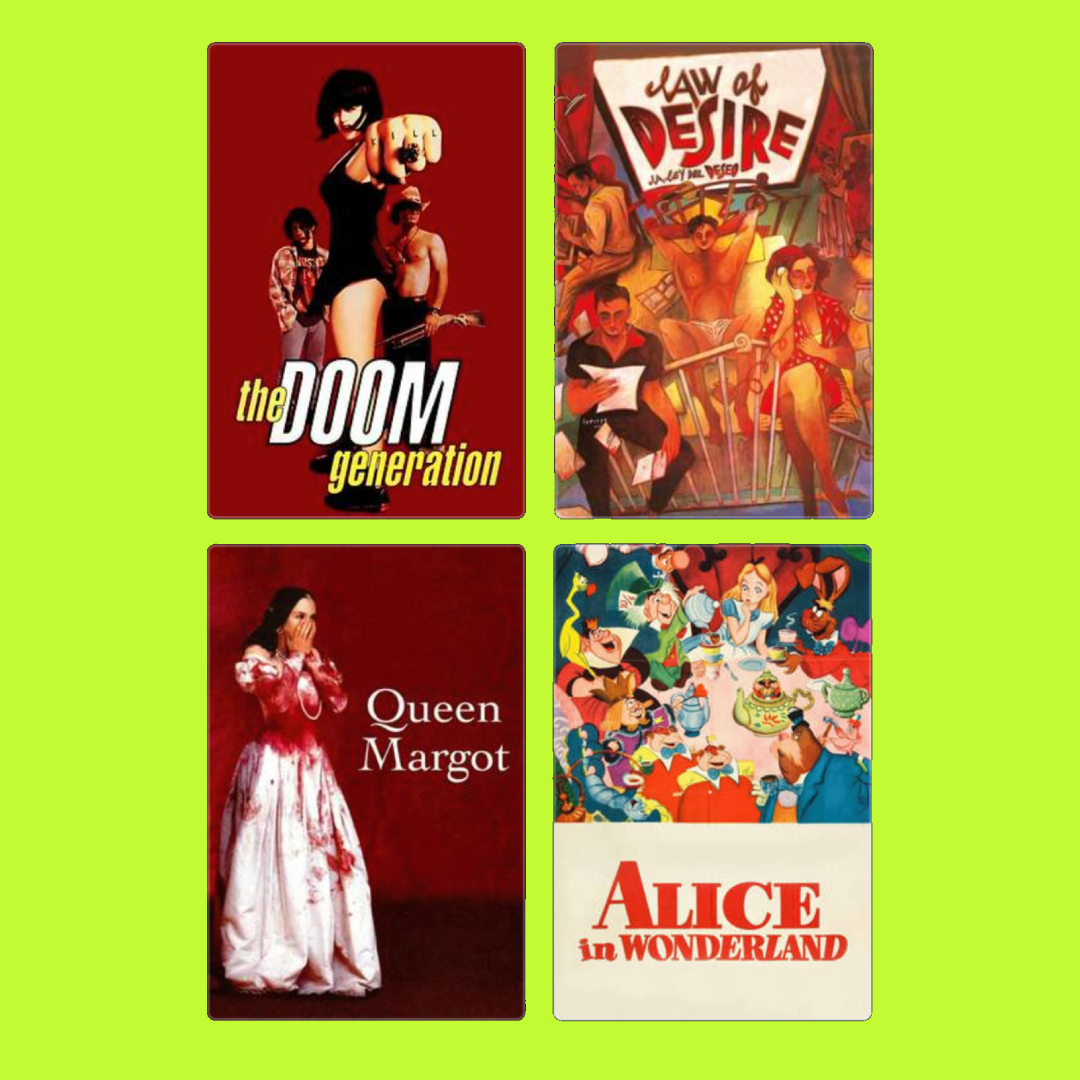 Collection of four book or movie posters: The Doom Generation, Law of Desire, Queen Margot, and Alice in Wonderland.