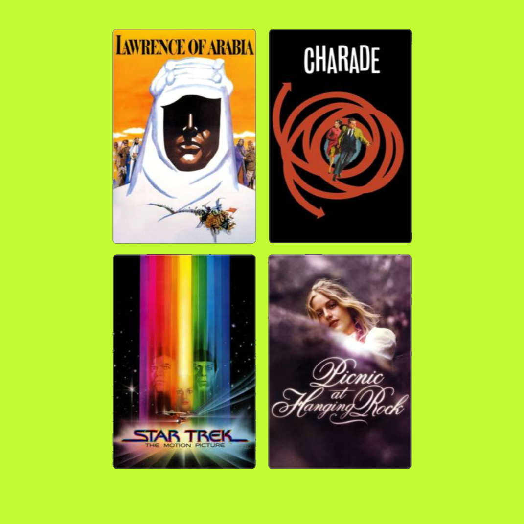 Collection of four movie posters: Lawrence of Arabia, Charade, Star Trek: The Motion Picture, and Picnic at Hanging Rock, arranged on a lime green background.