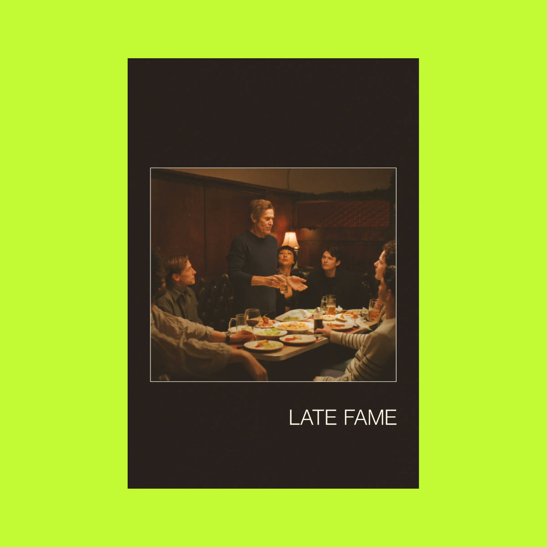 A movie poster for 'Late Fame' showing a group of people having a dinner while a woman speaks, with a dark background and the movie title at the bottom.