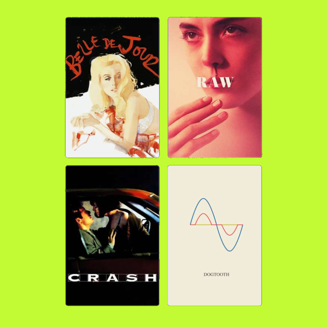 A collage of four different album covers. The top left features "Belle de Jour" with a blonde woman lying on a bed. The top right shows "RAW" with a close-up of a woman with a nosebleed. The bottom left is "Crash" with two people in a car, about to k