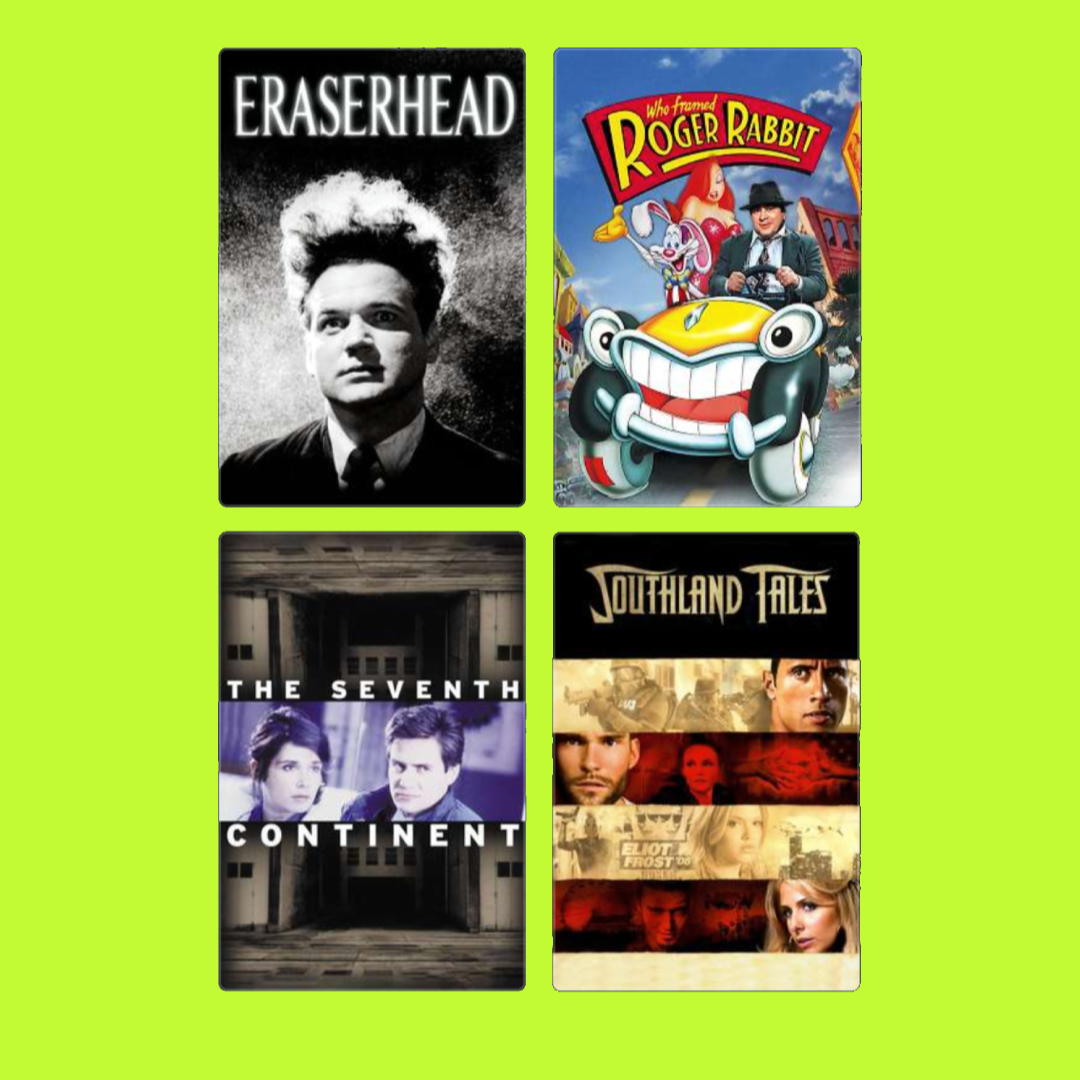 Four DVD covers arranged in a 2x2 grid against a lime green background. Top left: 'Eraserhead' in black and white. Top right: 'Who Framed Roger Rabbit' colorful cartoon and live-action characters. Bottom left: 'The Seventh Continent' in black and whi