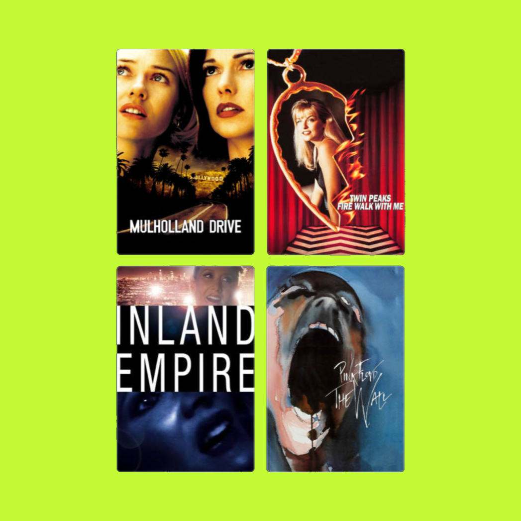 Collage of four movie posters on a bright green background.