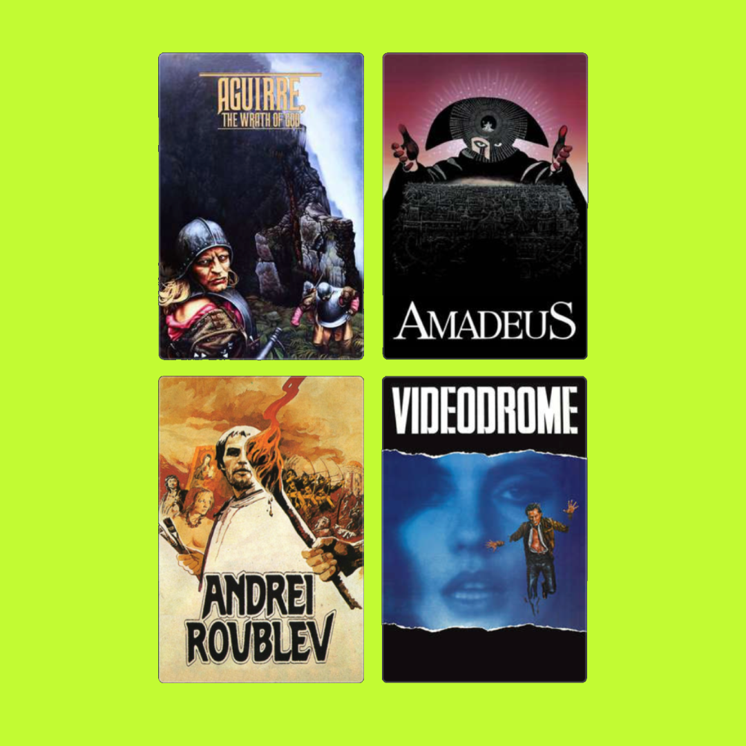 Four movie posters arranged in a grid on a bright green background.