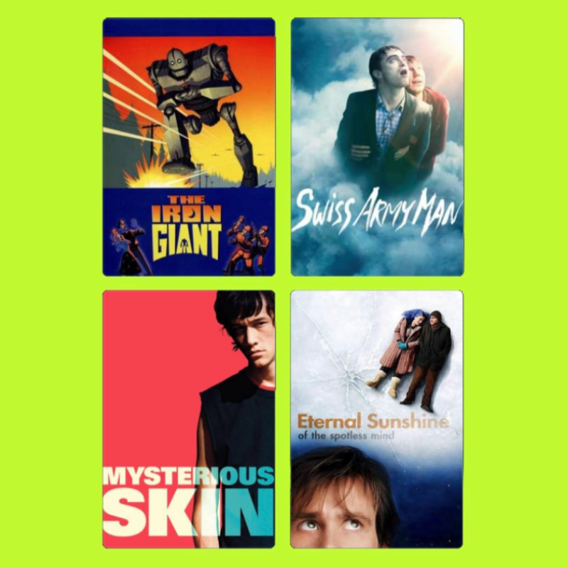 Four DVD or Blu-ray covers arranged in a 2x2 grid on a light green background. Top left features "The Iron Giant" with a large robot and a fiery background. Top right shows "Swiss Army Man" with a man and a woman looking up at the sky. Bottom left ha