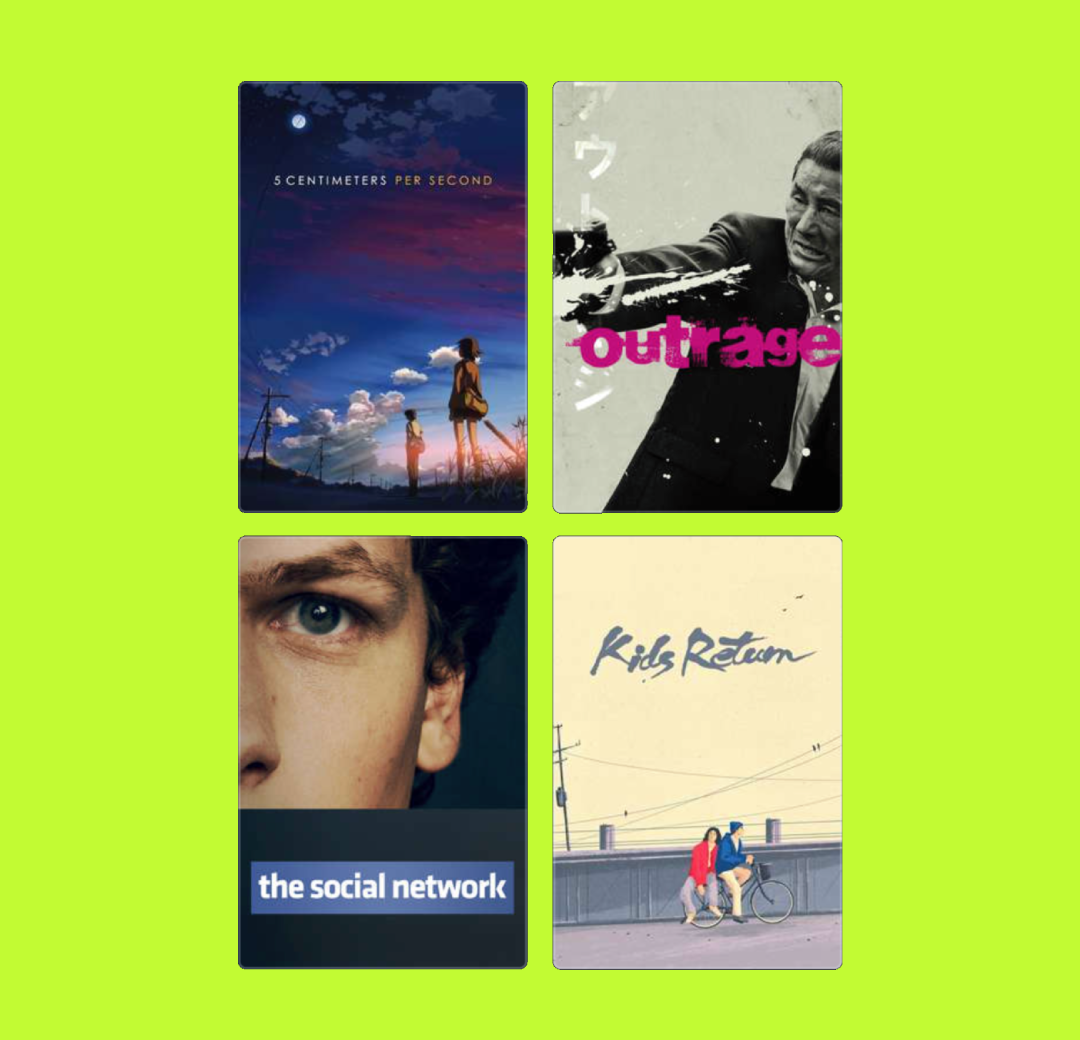 Four posters for different shows or movies displayed on a lime green background.