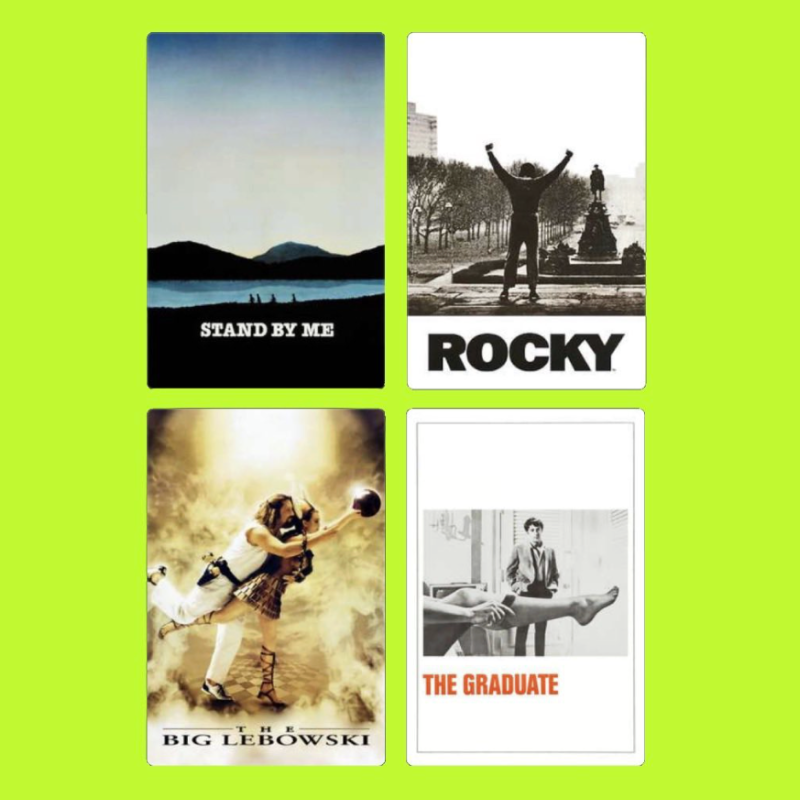 Four movie posters arranged in a 2x2 grid on a bright green background. The top-left poster is for 'Stand By Me' showing a lakeside scene with mountains in the background. The top-right poster is for 'Rocky,' depicting a person with arms raised near 
