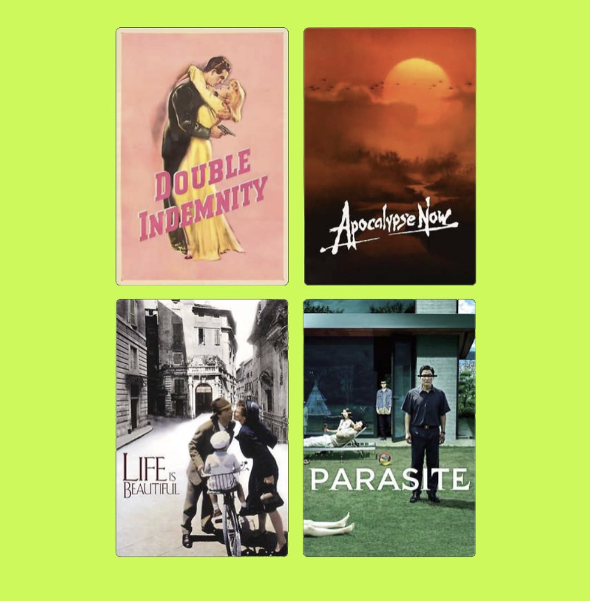 Four movie posters arranged in a 2x2 grid on a bright green background. Top left features a poster titled 'Double Indemnity' with a man and woman embracing; top right shows a poster titled 'Apocalypse Now' with a sunset and dark clouds; bottom left i