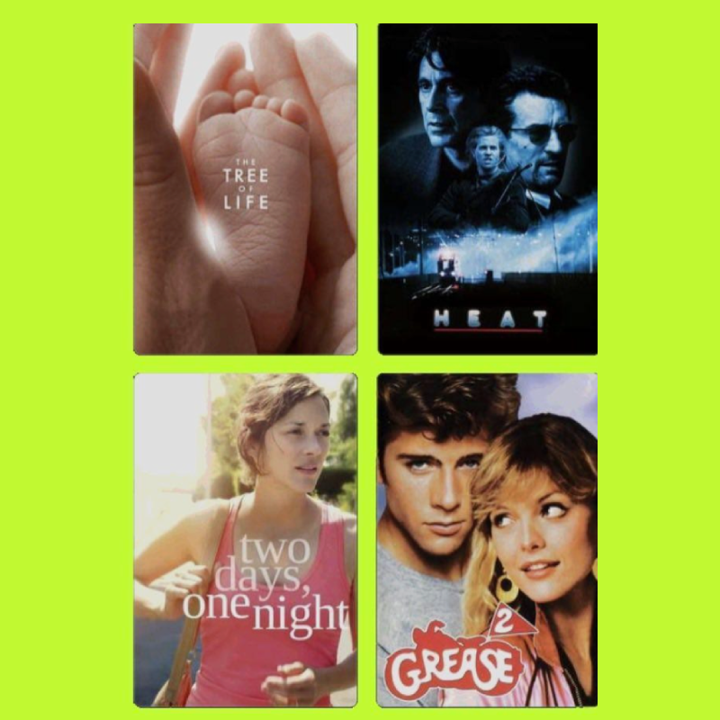 A collage of four movie posters on a bright green background. The top left is for 'The Tree of Life,' showing a close-up of a baby's tiny toes held in an adult's hand. The top right is for 'Heat,' featuring images of two male characters with a citysc