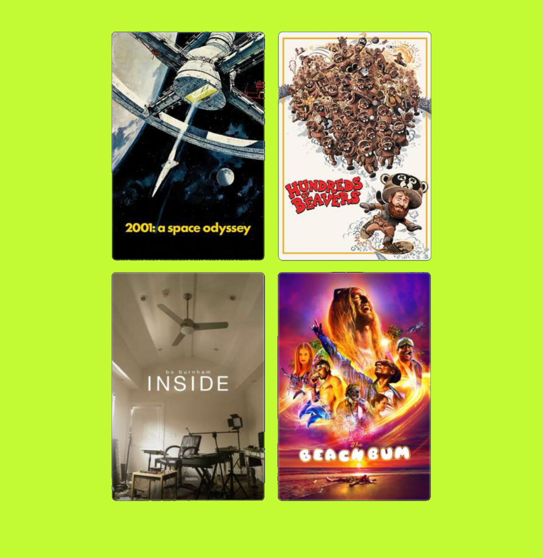 Collection of four movie posters on a lime green background: "2001: A Space Odyssey" top left, "Hundreds of Beavers" top right, "Inside" bottom left, and "The Beach Bum" bottom right.