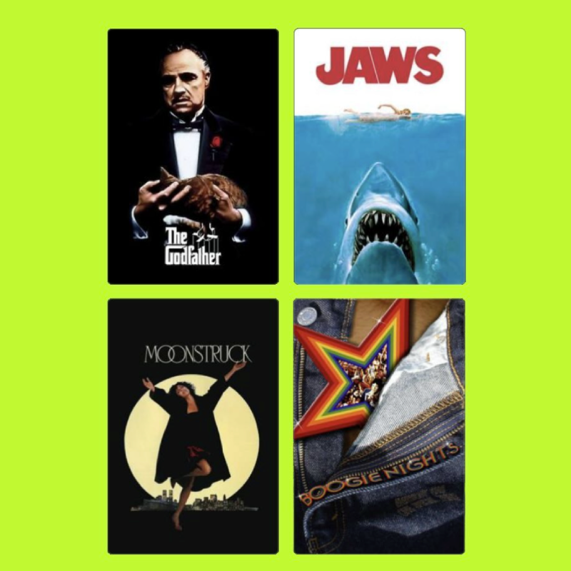 Four album covers arranged in a 2x2 grid, set against a lime green background. Top left: The Godfather movie poster. Top right: Jaws movie poster. Bottom left: Moonstruck movie poster. Bottom right: Boogienights album cover with denim and a colorful 