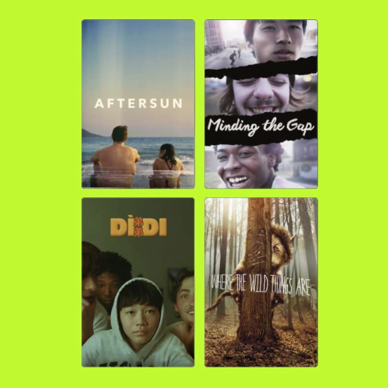 Four movie posters arranged in a grid on a bright green background. Top left: "AFTERSUN" depicting two people, a man and a woman, swimming at sunset. Top right: "Minding the Gap" showing three people, two men and a woman, with smiling expressions and