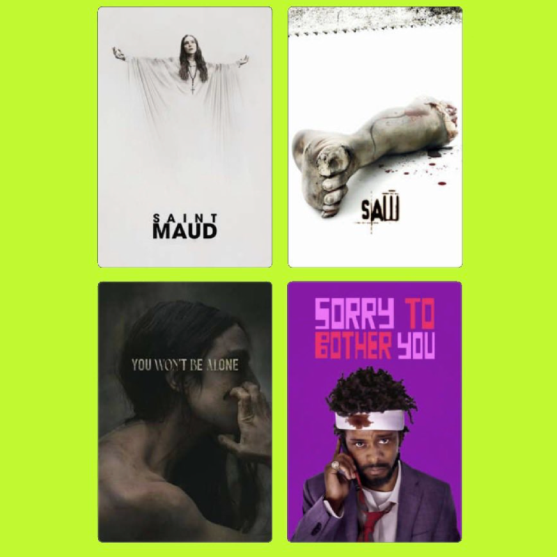 A collage of four different images. The top left shows a woman with outstretched arms wearing a long white dress, titled 'Saint Maud'. The top right is a realistic sculpture of a severed foot with blood, with the title 'Saw'. The bottom left is a dar