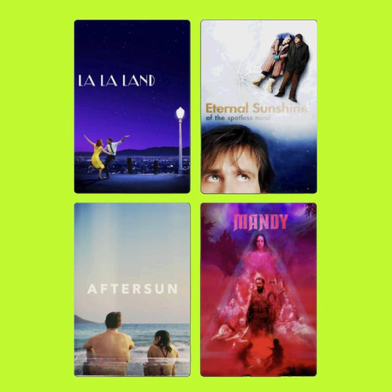 Four movie posters arranged in a grid on a neon green background. The top left poster is titled 'LA LA LAND' with an image of two people dancing at night near a cityscape. The top right poster is titled 'Eternal Sunshine of the Spotless Mind' with a 