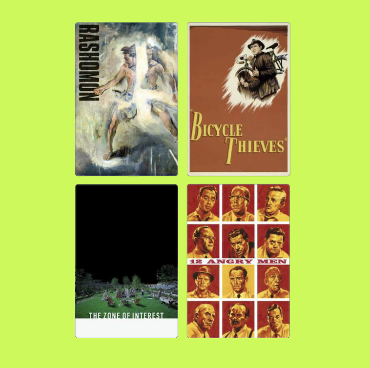 Four vintage movie poster designs and a blacked-out image, with text titles "Rashomon," "Bicycle Thieves," "The Zone of Interest," and "12 Angry Men."