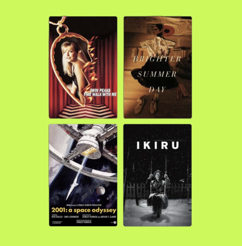 Four arranged posters on a bright green background. Top left: Twin Peaks poster featuring a woman in a heart-shaped frame. Top right: Brighter Summer Day movie poster with a girl sitting on the floor. Bottom left: 2001: A Space Odyssey movie poster d