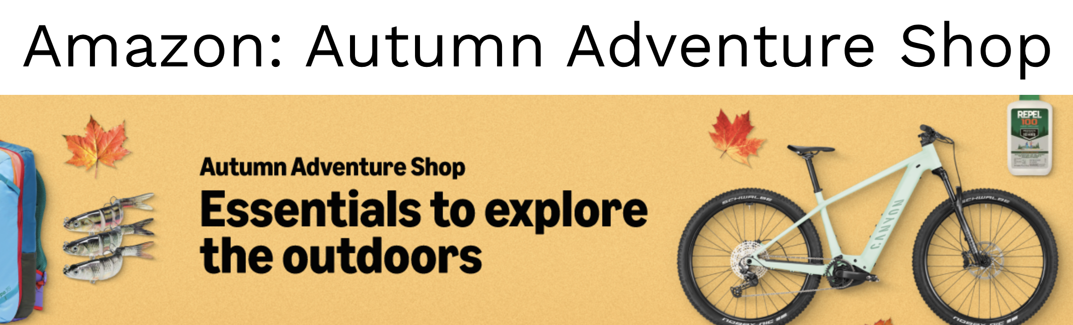 An advertisement for autumn outdoor essentials featuring a blue backpack, three fish, a red autumn leaf, a mint green mountain bike, and a bottle of insect repellent against a yellow background with black and bold text.