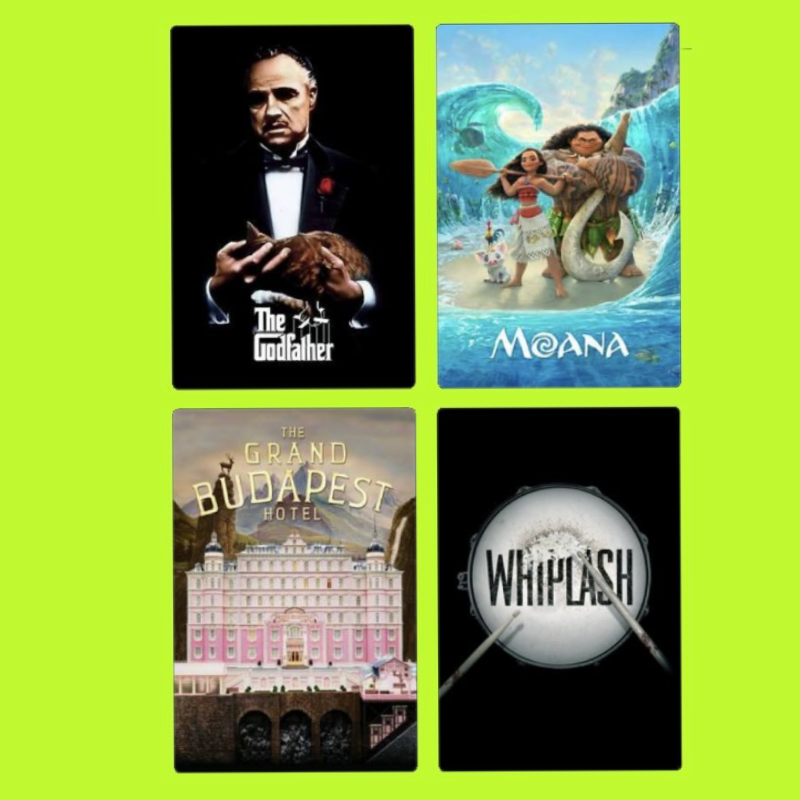 Four movie posters arranged in a 2x2 grid on a bright green background: 'The Godfather' featuring Marlon Brando holding a cat, 'Moana' showing Moana and the demigod Maui in the ocean, 'The Grand Budapest Hotel' depicting a pink hotel with mountains i