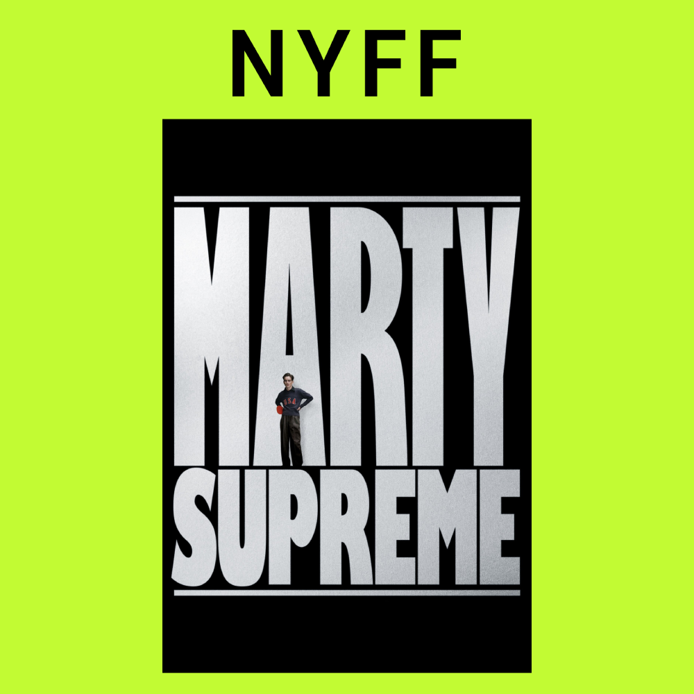 A graphic design with large text reading 'Marty Supreme' with a small man standing on the 'M' holding a red item, and the text is surrounded by a black border on a neon green background.