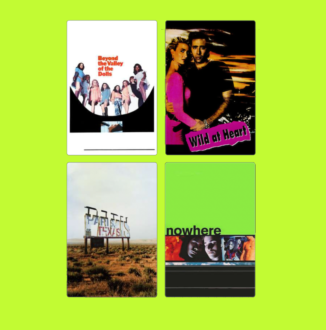 Four movie posters arranged in a 2x2 grid on a lime green background. The top left poster is for "Beyond the Valley of the Dolls," featuring a group of women. The top right poster is for "Wild at Heart," showing a man and woman with a sunset backgrou