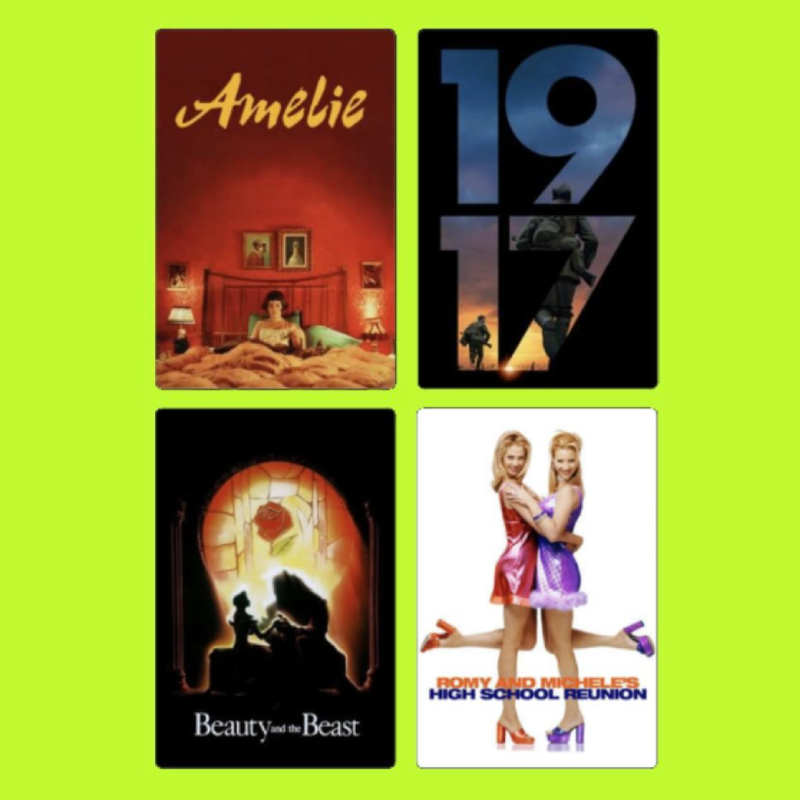 Four movie posters on a bright green background. Top left: "Amélie" poster showing a woman sitting in bed with warm lighting. Top right: "1917" poster with a military scene in blue and black tones. Bottom left: "Beauty and the Beast" poster depicting