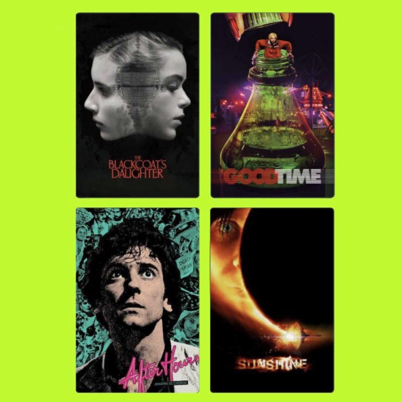 Collage of four movie posters: "The Blackcoat's Daughter" featuring two women's profile pictures overlapping, "Good Time" showing a man at a carnival ride with a large game piece, "After Hours" with a man looking up amidst a chaotic background, and "