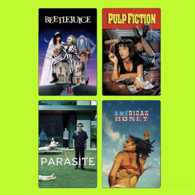 Four DVD covers: Beetlejuice featuring the characters Beetlejuice, Lydia, and others; Pulp Fiction with Uma Thurston depicting contract killers; Parasite showing a family in front of a modern house; American Honey featuring a woman with hair flying a