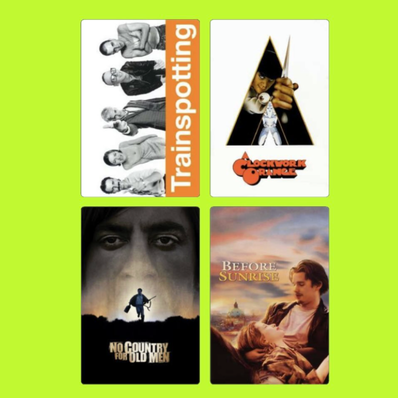 A collage of four movie and TV show posters with a green background. The top left features 