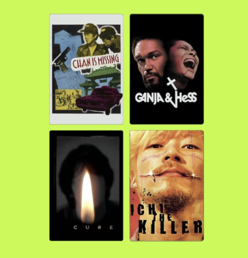 Four album covers arranged in a 2x2 grid on a lime green background. Top left: Album cover with two men, one wearing a hat, and the phrase "Chan is Missing." Top right: Album cover with two faces, one of a bearded man and one of a woman yelling, titl