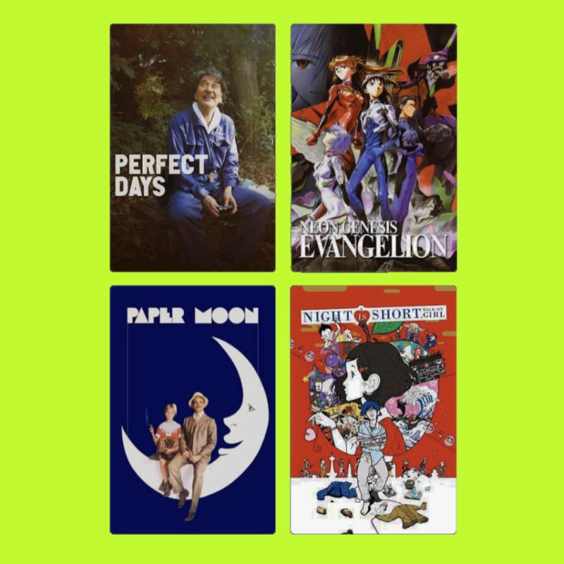 Four different anime and animated series posters arranged in a 2x2 grid with a bright green background. Top left features a poster of 'Perfect Days' with an elderly woman smiling outdoors. Top right displays a poster for 'Neon Genesis Evangelion' wit