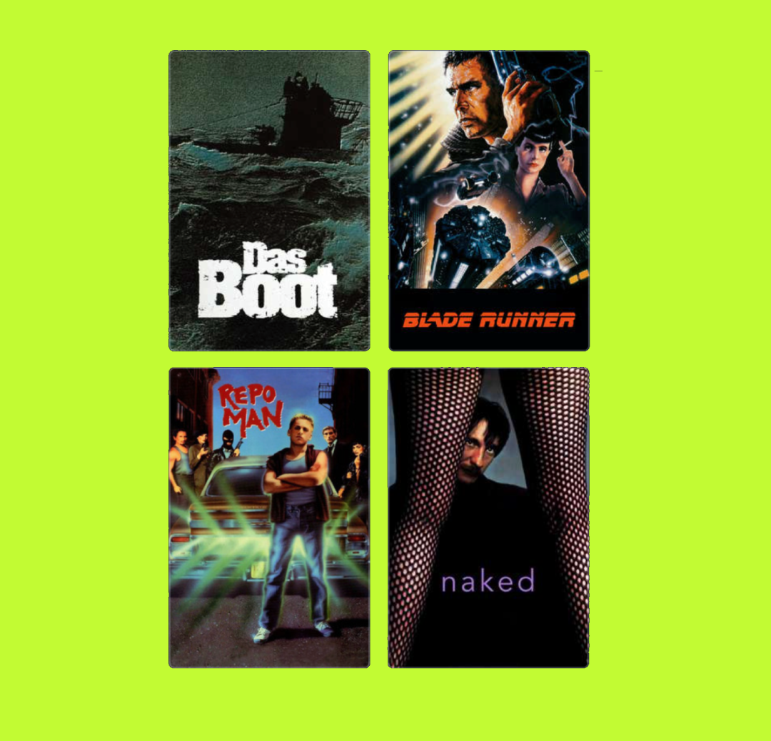 Four movie posters arranged in a 2x2 grid on a lime green background. Top left: "Das Boot" with a submarine in rough seas. Top right: "Blade Runner" featuring a man and woman with futuristic cityscape. Bottom left: "Repo Man" with a young man in fron