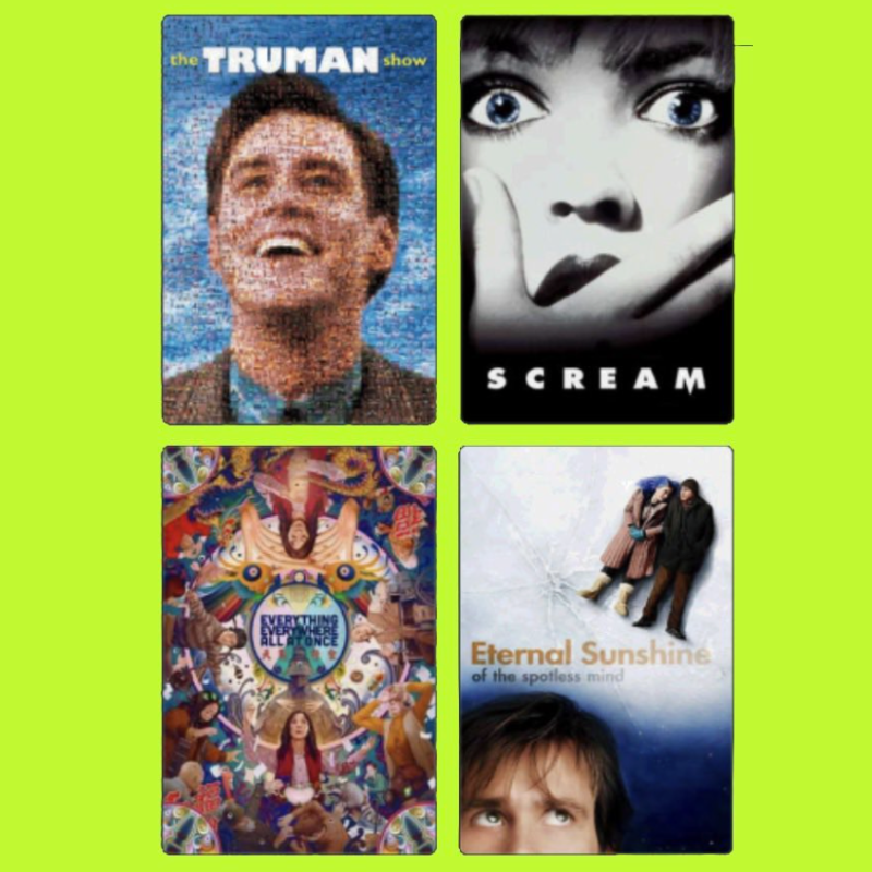 Four DVD or movie posters arranged in a grid with a green background. Top left: "The Truman Show" poster showing Jim Carrey with a joyful expression. Top right: "Scream" poster with a black-and-white close-up of a woman's face covering her mouth. Bot