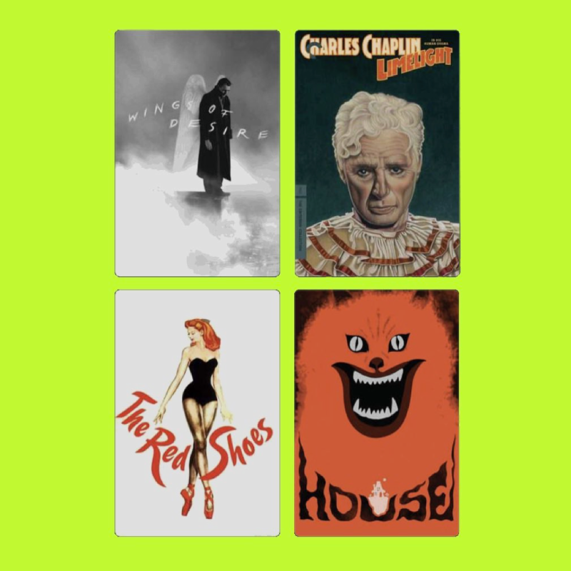 Four vintage movie posters on a bright green background: "Wings of Desire," "Limelight" starring Charles Chaplin, "The Red Shoes," and "House" with a smiling orange cat face.