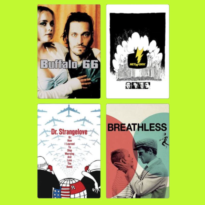 Four movie posters arranged in a 2x2 grid. Top left features a man and woman, with the text 'Buffalo 66.' Top right shows a black-and-white illustration with an explosion and a yellow lightning bolt, with the text 'Network.' Bottom left displays a pa