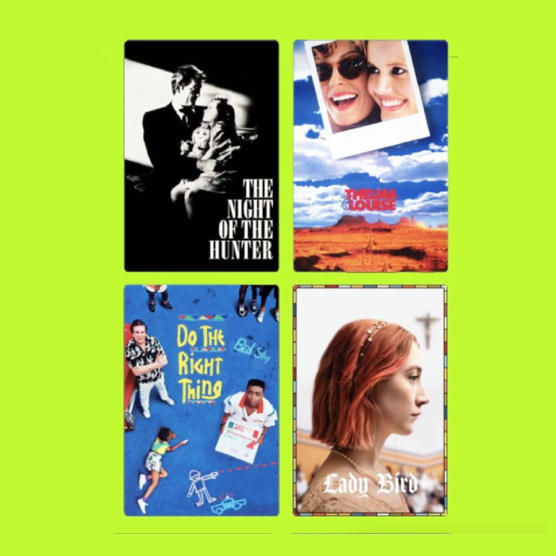 Collection of four movie poster images on a bright green background. Top left: black and white poster for "The Night of the Hunter" showing a man and a girl. Top right: colorful poster for "Tell Me Louise" with a landscape, clouds, and a photo of two