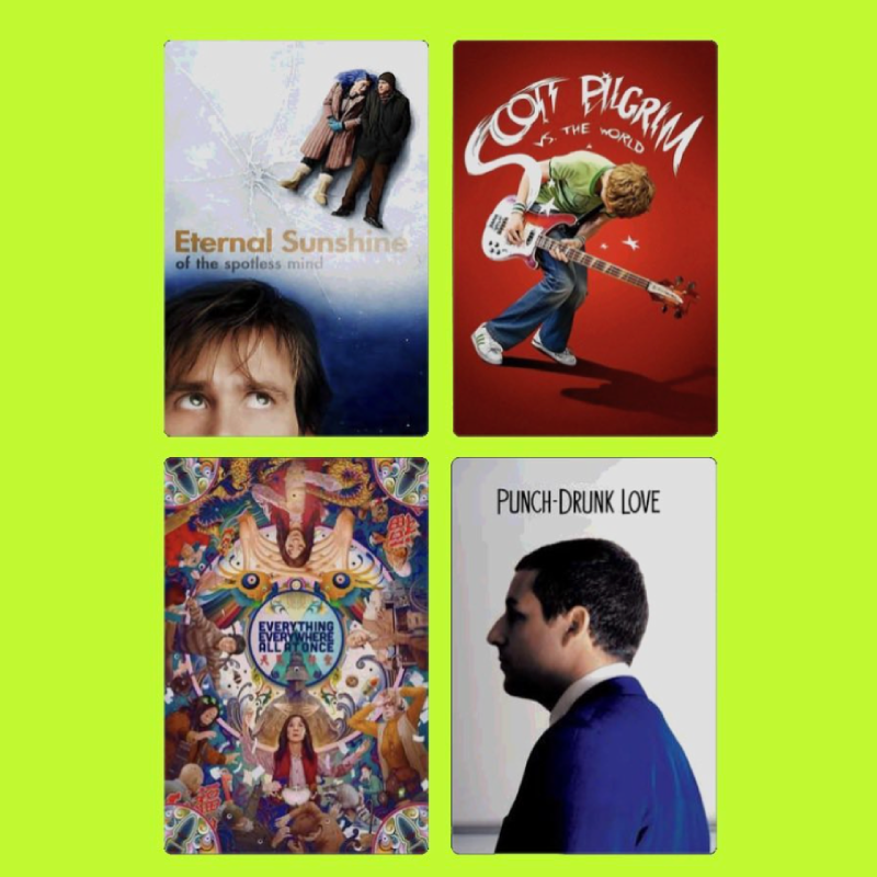 Four book covers: 1) "Eternal Sunshine of the Spotless Mind" featuring a person looking up with two people lying on the snow; 2) "Scott Pilgrim vs. the World" with a young man playing an electric guitar against a red background; 3) "Everything Everyw