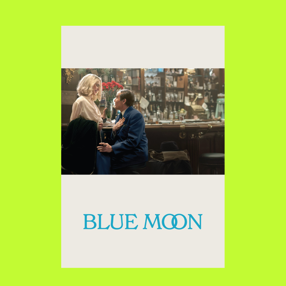 Scene from the movie 'Blue Moon' showing a woman and man in a cozy bar, engaged in a romantic moment, with the title 'Blue Moon' written below.