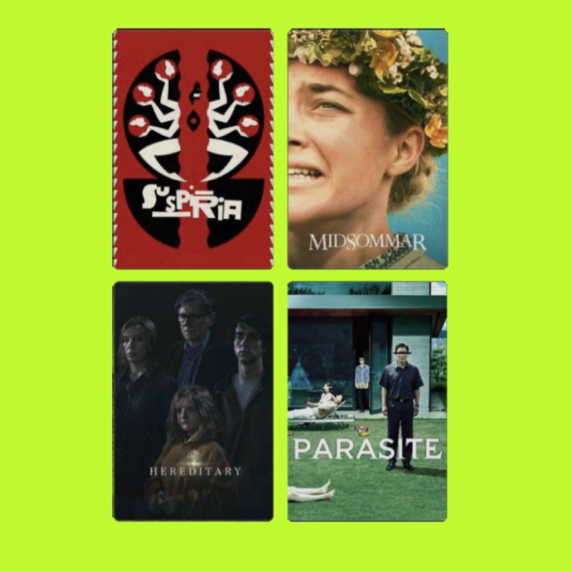 Four book covers arranged in a 2x2 grid on a lime green background. Top left: a red and black cover with stylized figures and the title 'SáSpéria'. Top right: a cover featuring a smiling woman with a floral crown and the title 'MIDSOMMAR'. Bottom lef
