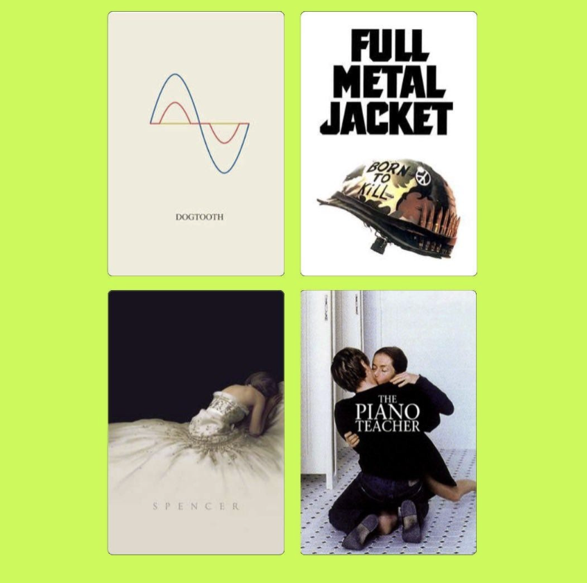 A collage of four images representing the phrase "Dogtooth Full Metal Jacket Spencer The Piano Teacher." The first is a minimalist line drawing of two sine waves with the label "Dogtooth." The second is a poster for the movie "Full Metal Jacket" feat