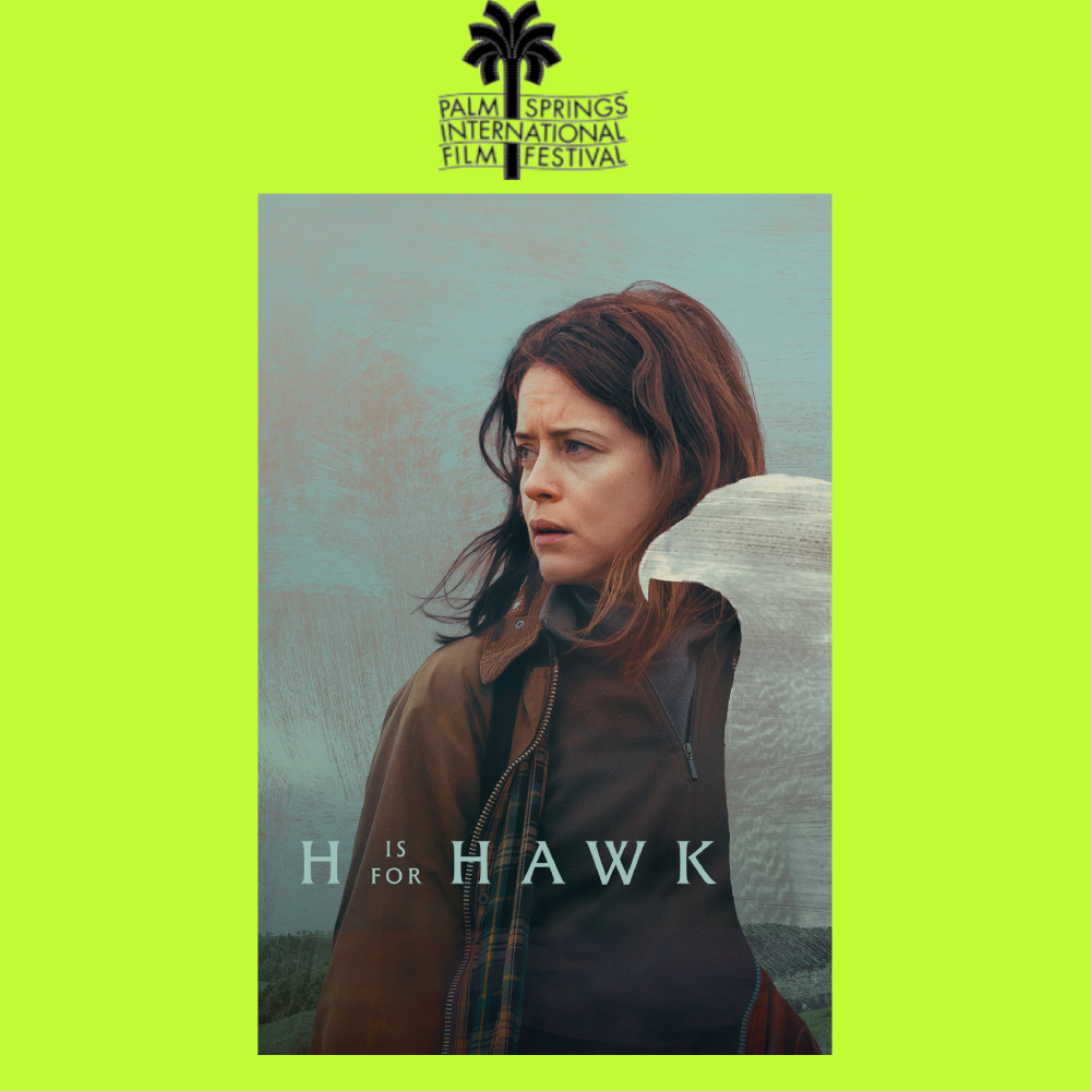 Poster for the Palm Springs International Film Festival featuring a woman with brown hair looking to the side, with a natural landscape background.