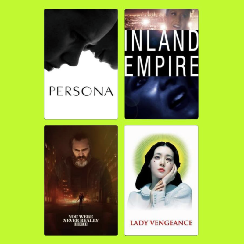 A grid of four book or movie covers on a bright green background. Top left: two people with foreheads touching, titled 'PERSONA'. Top right: a person with an urban cityscape behind them, titled 'INLAND EMPIRE'. Bottom left: a bearded man standing in 