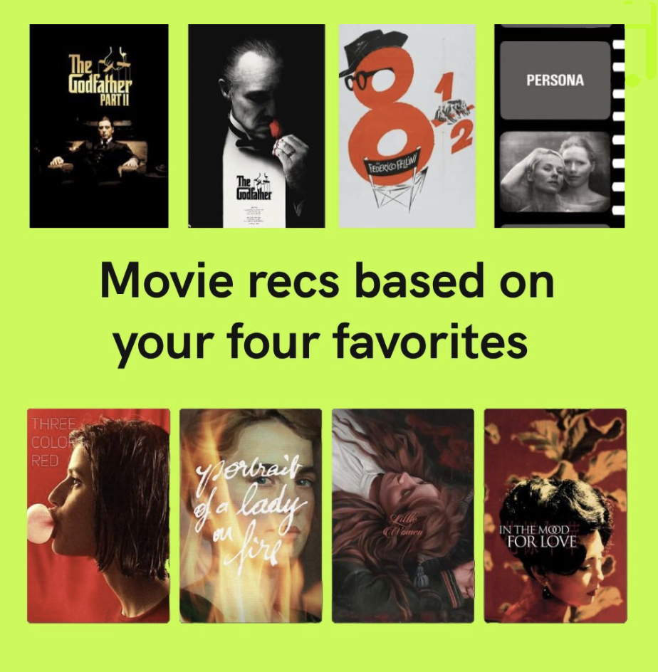 Four movie posters on a lime green background with the text "Movie recs based on your four favorites." The posters depict "The Godfather Part II," "The Godfather," an abstract image, and a film titled "PERSONA." Below, four additional movie posters a
