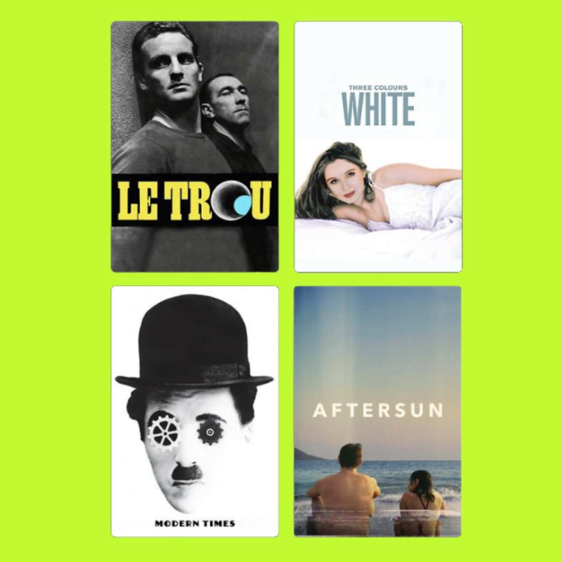 A collage of four album covers on a bright green background. The top left features two men in black and white, with the title "LE TROU" in bold yellow letters. The top right shows a woman in a white dress lying on a bed with the title "WHITE" in gray