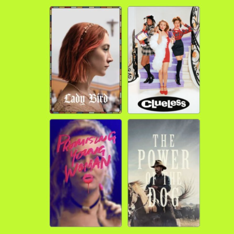 Four promotional posters for different movies arranged in a grid on a bright green background. Top left: "Lady Bird" featuring a side profile of a young woman with red hair and a cross in the background. Top right: "Clueless" showing three young wome