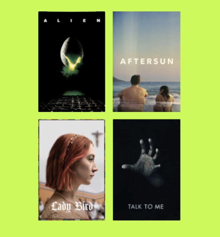 Collage of four movie posters arranged in a 2x2 grid. Top left: Alien poster depicting an alien egg and chick with glowing green light; top right: After Sun poster showing a man and a woman at the beach during sunset; bottom left: Lady Bird poster wi
