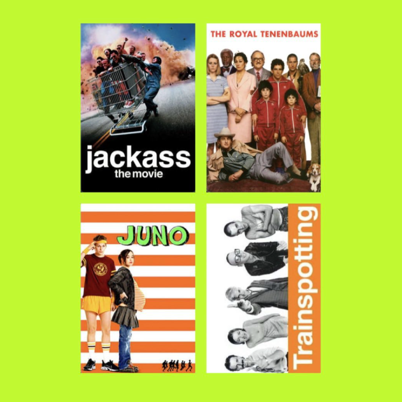 A collage of four movie posters with a green background: top left is "Jackass: The Movie" showing people jumping off a shopping cart with an explosion in the background; top right is "The Royal Tenenbaums" featuring a large family portrait of various