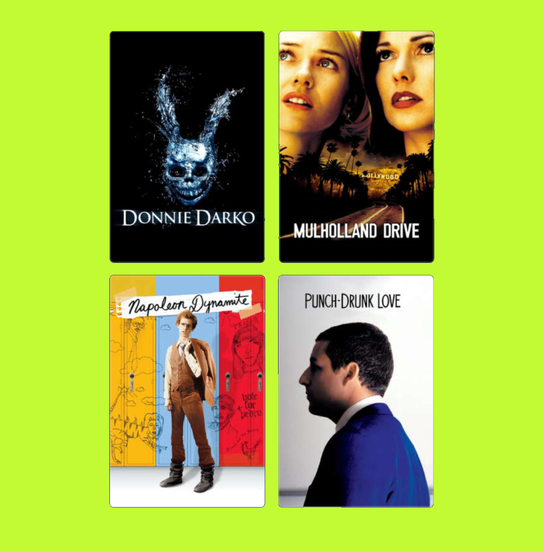 Four DVD covers arranged in a grid against a bright green background. Top left: Donnie Darko with a dark background and a spooky bunny mask. Top right: Mulholland Drive with two women’s faces and a Hollywood sign in the background. Bottom left: Napol